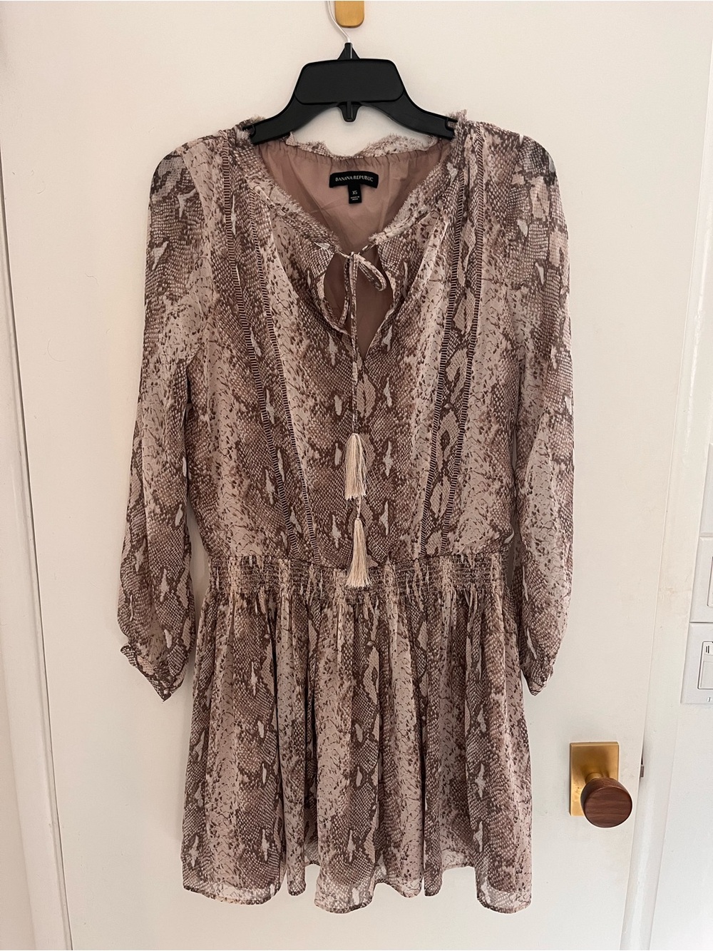 Banana Republic Taupe Snake-Print Tie-Neck Long Sleeve Dress